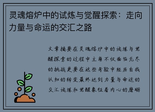 灵魂熔炉中的试炼与觉醒探索：走向力量与命运的交汇之路