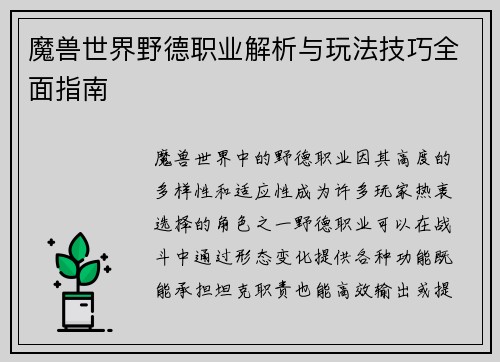 魔兽世界野德职业解析与玩法技巧全面指南 魔兽世界野德职业解析与玩法技巧全面指南