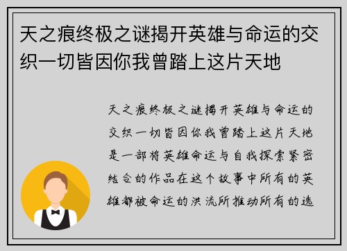 天之痕终极之谜揭开英雄与命运的交织一切皆因你我曾踏上这片天地